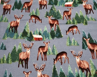 Flannel Fabric - Realistic Deer and Trees - By the yard - 100% Cotton Flannel