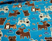 Flannel Fabric - Puppy on Blue - By the yard - 100% Cotton Flannel