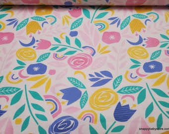 Flannel Fabric - Happy Floral on White - By the yard - 100% Cotton Flannel