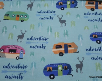 Flannel Fabric - RV on Aqua - By the yard - 100% Cotton Flannel