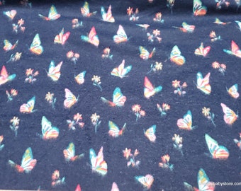 Flannel Fabric - Butterflies and Flowers on Navy - By the yard - 100% Cotton Flannel
