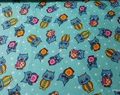 Flannel Fabric - Teal Owls - By the yard - 100% Cotton Flannel