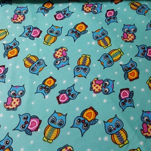 Flannel Fabric - Teal Owls - By the yard - 100% Cotton Flannel