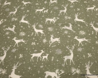 Christmas Flannel Fabric - Starry Night Prancing Reindeer Green - By the yard - 100% Cotton Flannel