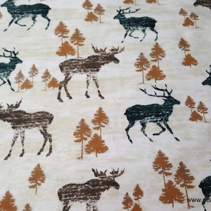 Flannel Fabric - Wooden Moose - By the yard - 100% Cotton Flannel