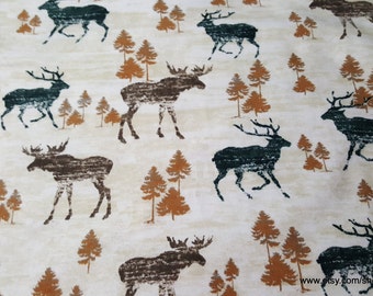 Flannel Fabric - Wooden Moose - By the yard - 100% Cotton Flannel