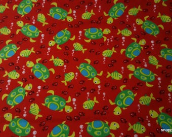 Remnant Flannel Fabric - Turtles and Fishies Red - Choose your Size - 100% Cotton Flannel