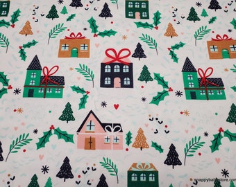 Christmas Flannel Fabric - Winter Houses - By the yard - 100% Cotton Flannel