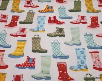 Flannel Fabric - Springtime Wellies on White - By the yard - 100% Cotton Flannel