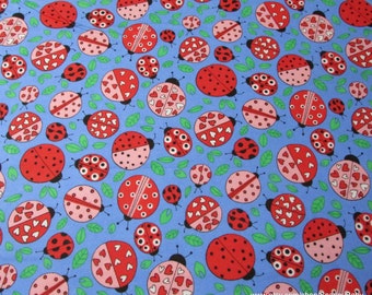 Flannel Fabric - Love Ladybug Red Blue - By the yard - 100% Cotton Flannel