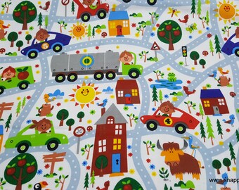 Flannel Fabric - Happy City on White - By the Yard - 100% Cotton Flannel