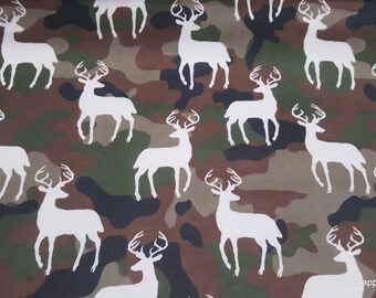 Flannel Fabric - Stag Silhouette on Camo - By the yard - 100% Cotton Flannel