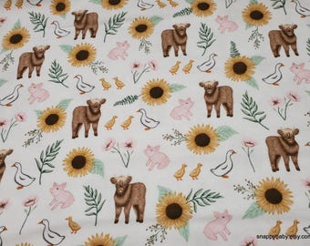 Remnant Flannel Fabric - Sweet Farm Highland Cows Friends - Choose your Size - 100% Cotton Flannel