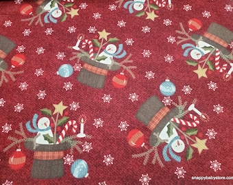 Christmas Premium Flannel Fabric - Snowdays Snowmen in Hats Berry Premium - By the yard - 100% Premium Cotton Flannel