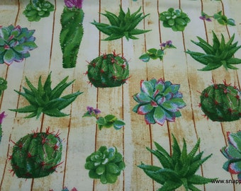 Flannel Fabric - Cacti on Wood - By the yard - 100% Cotton Flannel
