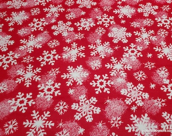 Christmas Flannel Fabric - Snowflakes Snow on Red - By the yard - 100% Cotton Flannel
