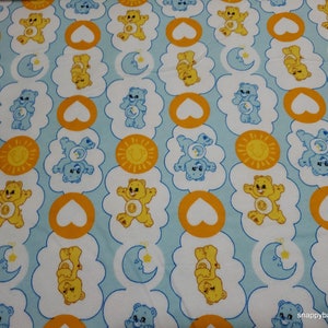 Character Flannel Fabric - Care Bears Funshine and Bedtime Bears on Blue - By the yard - 100% Cotton Flannel