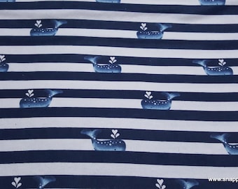 Remnant Flannel Fabric - George Navy Stripe Whale - Choose your Size - 100% Cotton Flannel