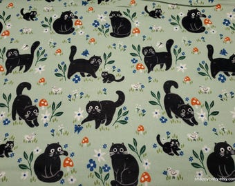 Flannel Fabric - Black Cat Mushrooms - By the yard - 100% Cotton Flannel