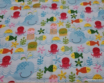 Flannel Fabric - Fishing School Blue - By the yard - 100% Cotton Flannel