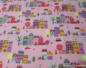 Flannel Fabric - Townhouses Pink - By the yard - 100% Cotton Flannel