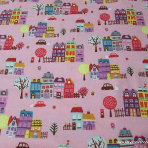 Flannel Fabric - Townhouses Pink - By the yard - 100% Cotton Flannel