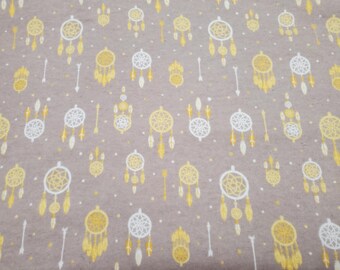 Flannel Fabric - Dreamcatchers Gray Yellow - By the yard - 100% Cotton Flannel