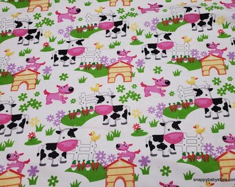 Flannel Fabric - Barnyard on White - By the yard - 100% Cotton Flannel