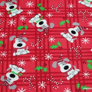 Christmas Flannel Fabric - Spotted Holiday Pup - By the Yard - 100% Cotton Flannel