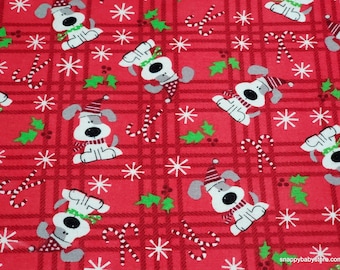 Christmas Flannel Fabric - Spotted Holiday Pup - By the Yard - 100% Cotton Flannel