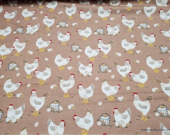 Flannel Fabric - Chickens and Eggs on Tan - By the yard - 100% Cotton Flannel