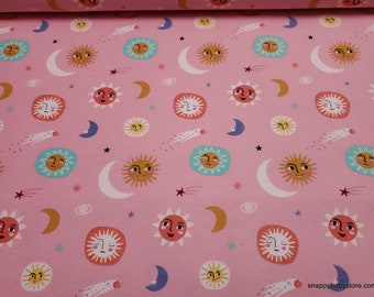 Flannel Fabric - Small Suns and Moons on Pink - By the yard - 100% Cotton Flannel