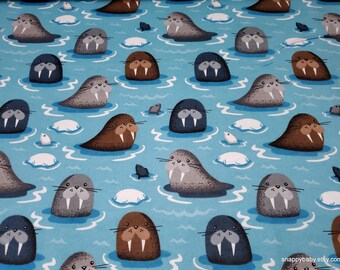 Flannel Fabric - Walrus Catching a Break on Blue - By the yard - 100% Cotton Flannel