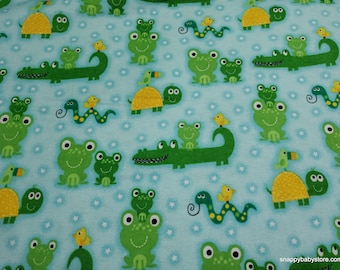 Flannel Fabric - Frogs Turtles Alligators Aqua - By the Yard - 100% Cotton Flannel