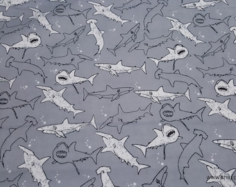 Flannel Fabric - Sketched Sharks on Gray - By the yard - 100% Cotton Flannel