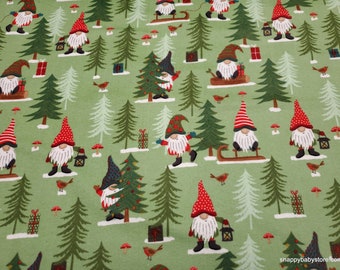 Christmas Flannel Fabric - Winter Gnomes Green - By the yard - 100% Cotton Flannel