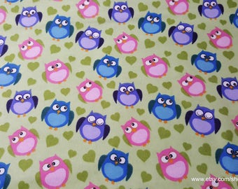 Flannel Fabric - Owls and Hearts Green - By the yard - 100% Cotton Flannel