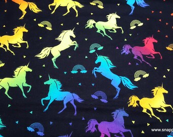 Flannel Fabric - Rainbow Unicorn on Black - By the yard - 100% Cotton Flannel