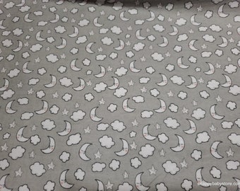 Flannel Fabric - Moon Stars Clouds on Gray - By the yard - 100% Cotton Flannel