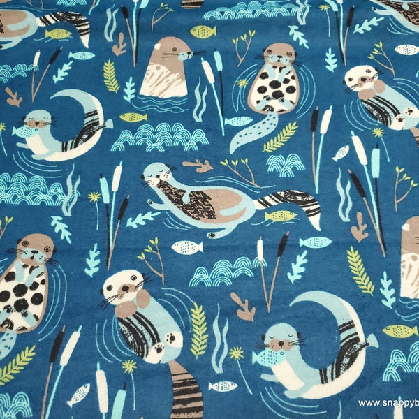Flannel Fabric - Swimming Otters - By the yard - 100% Cotton Flannel