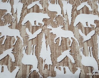 Flannel Fabric - Animals on Woodgrain - By the yard - 100% Cotton Flannel