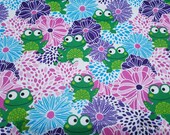 Flannel Fabric - Frogs in Floral Bursts - By the yard - 100% Cotton Flannel