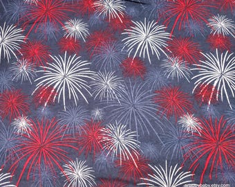 Flannel Fabric - Patriotic Bursting Fireworks Navy - By the yard - 100% Cotton Flannel