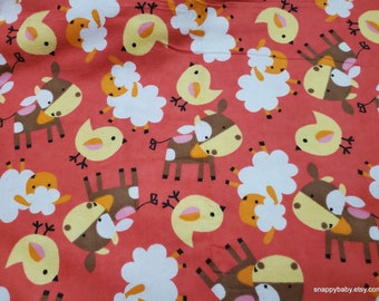 Flannel Fabric - Farm Animals Dark Pink - By the yard - 100% Cotton Flannel