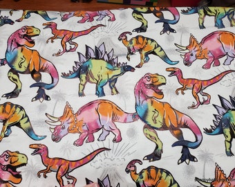 Flannel Fabric - Rainbow Dinosaurs Foil - By the yard - 100% Cotton Flannel Fabric