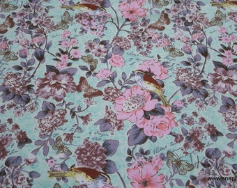 Flannel Fabric - Birds and Flowers - By the yard - 100% Cotton Flannel