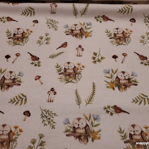 Flannel Fabric - Brown Forest Owls and Mushrooms - By the yard - 100% Cotton Flannel