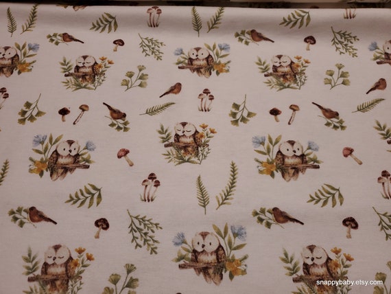 Flannel Fabric - Brown Forest Owls and Mushrooms - By the yard - 100% Cotton Flannel