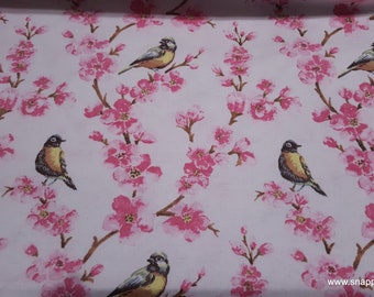 Flannel Fabric - Birds Floral Pink - By the yard - 100% Cotton Flannel