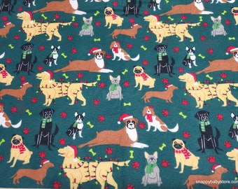 Christmas Flannel Fabric - Festive Pups - By the Yard - 100% Cotton Flannel